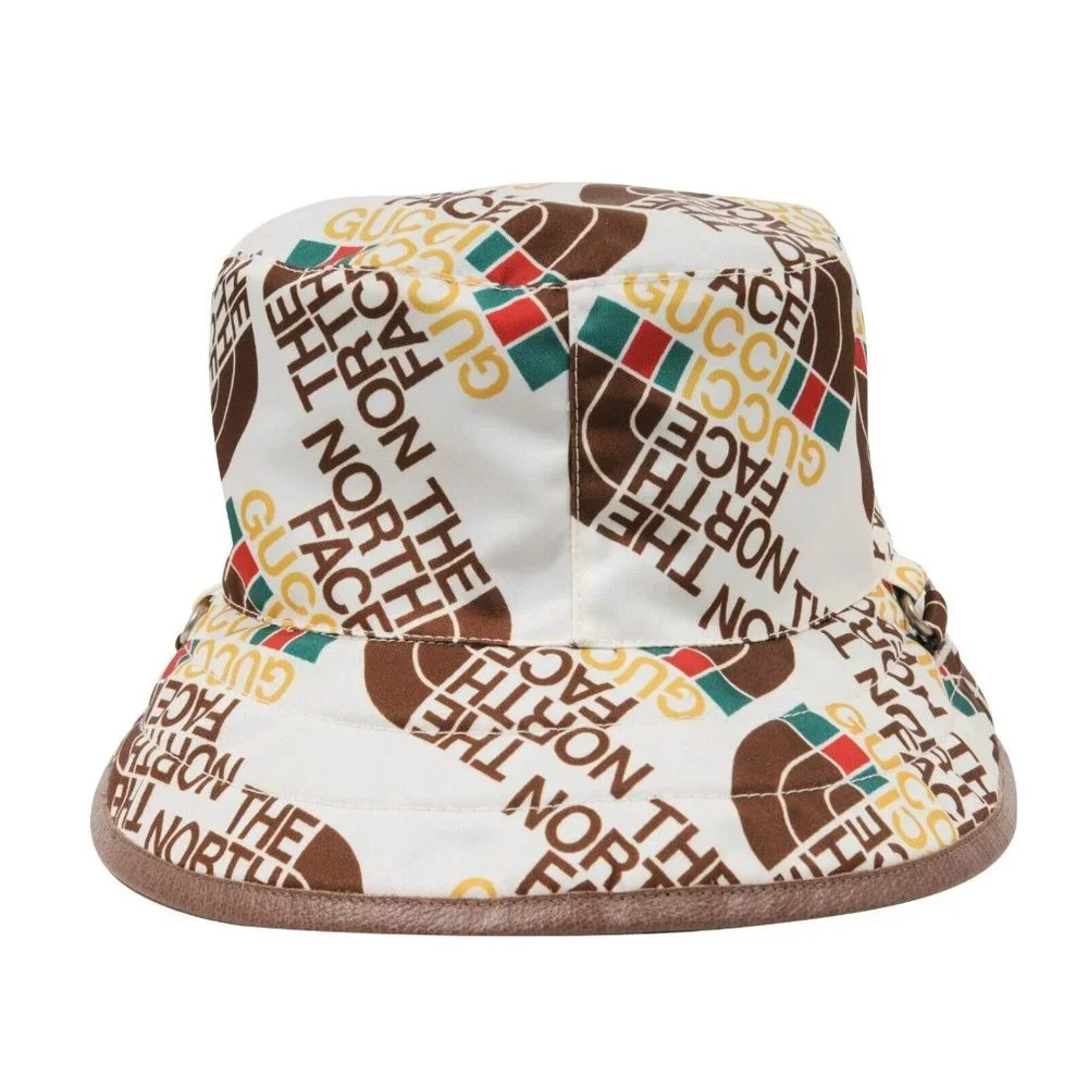 Gucci Mens The North Face All Over Logo Bucket Hat White Brown Nylon Adjustable - Picture 4 of 9